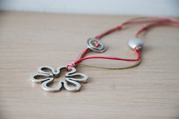 Silver flower pendant, alloy flower outline long necklace with tricolour cords,boho, flower necklace with heart and button charms