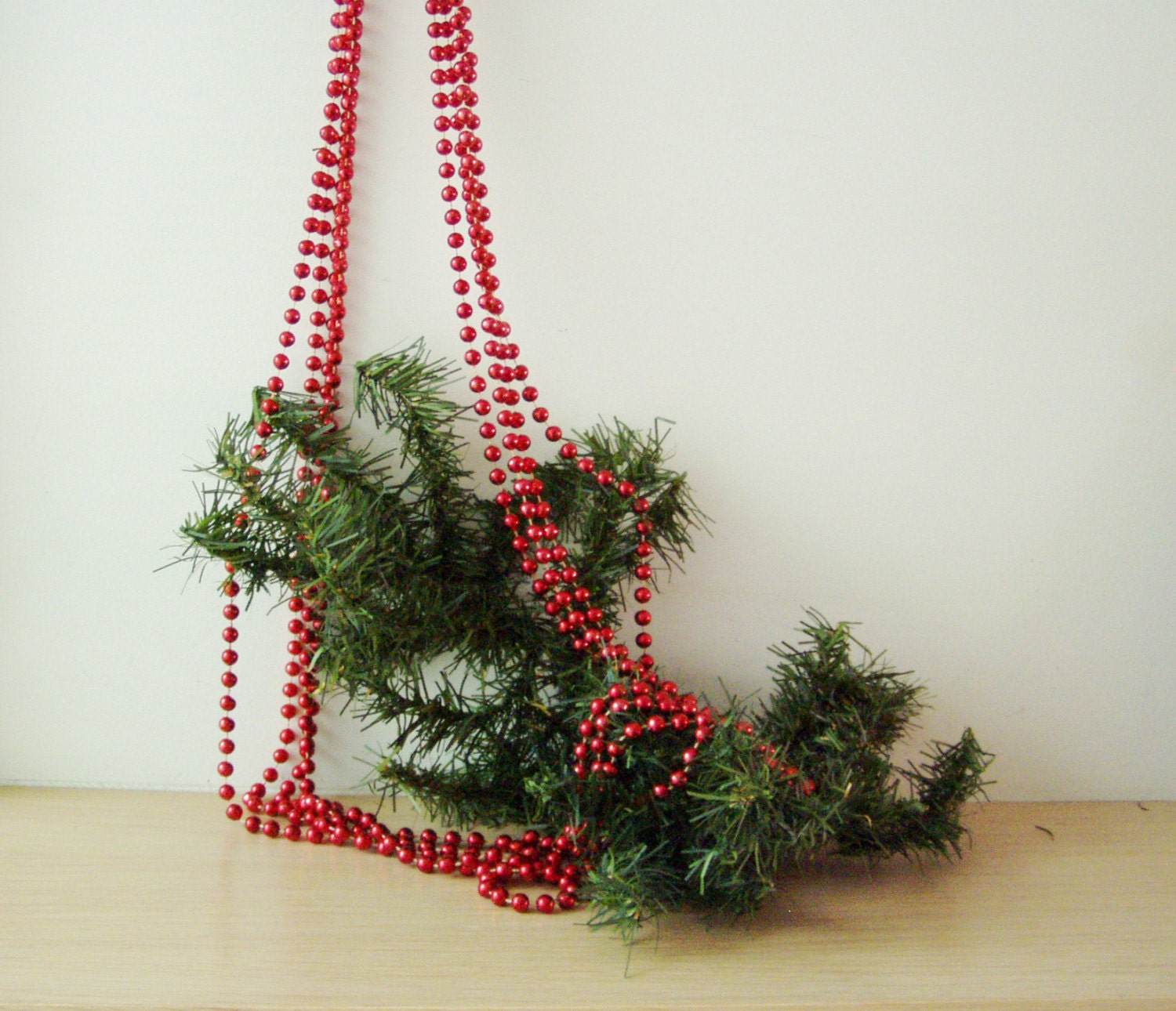 Vintage Christmas garland, four ply red beads garland, red string beads