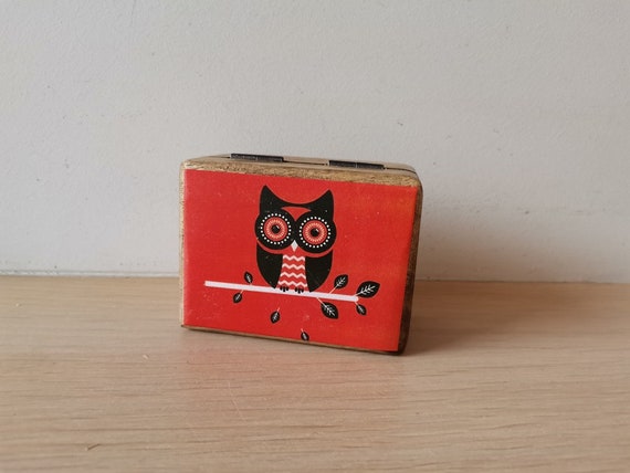 Owl wooden box with owl illustration decoupage, vintage gift box with folk art owl, jewlery vanity box with cute, owl deccoupage