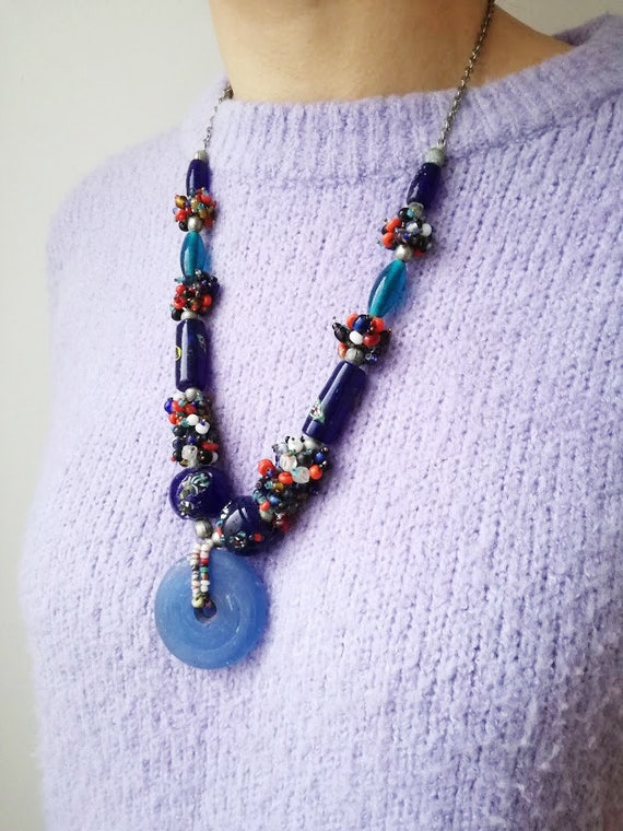 Blue glass necklace, vintage blue beads necklace, hand blown glass beads boho hippie necklace, late eighties