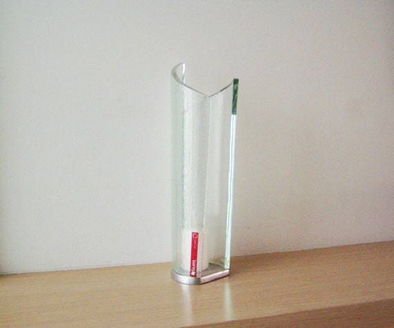 Vintage glass candleholder, modern minimalist tall glass candleholder, tubular glass, metal base Greek candleholder, early nineties