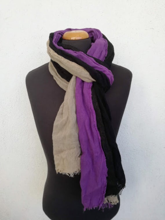 Tricolor cotton scarf, vintage cotton scarf, long black scarf, long black shawl, black beige purple scarf, shabby boho hippie scarf