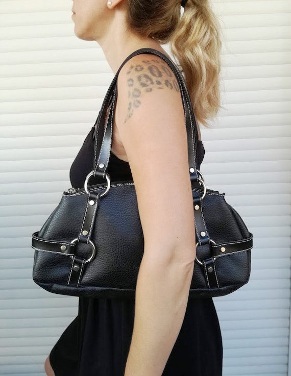 Black shoulder bag, black faux leather bag, vintage purse bag, shoulder bag with two handles, hoops and straps, modern shoulder bag