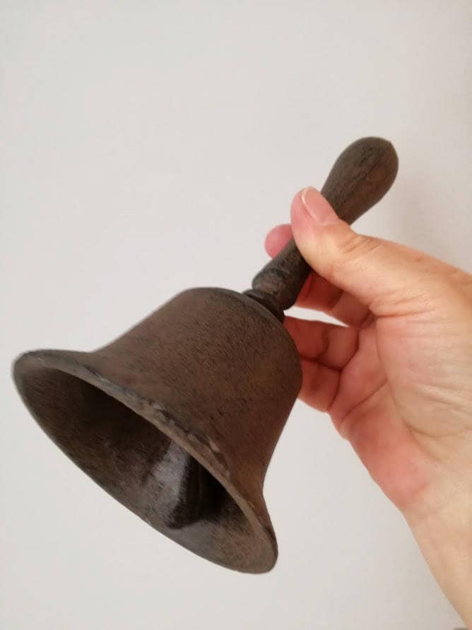 Vintage brass bell, oxidised brass bell with a handle and clapper
