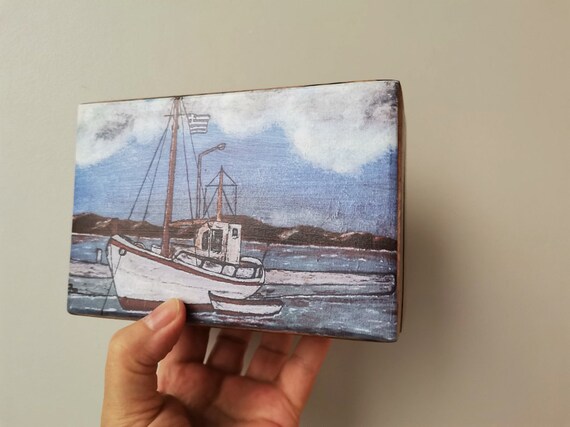 Fishing boat box, wooden box with Greek boat decoupage, Greek folk art box with typical, fishing boat and flag illustration