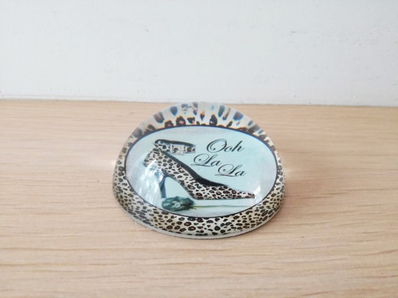 Vintage shoe paperweight, glass paper weight with animal print shoe Ooh Lala sign, domed glass paperweight with animal print pump and rose