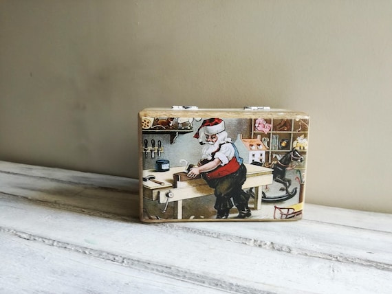 Christmas wooden box with Santa decoupage, vintage illustration of Santa Claus making toys in his workshop, Xmas gift box with Santa cover