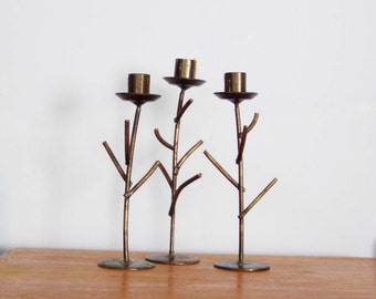 Vintage iron candlesticks, set of three, twig shaped black, wrought iron candle holders, rustic boho, black candle holders, early eighties