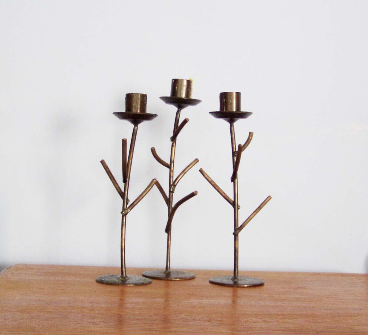Vintage iron candlesticks, set of three, twig shaped black, wrought iron candle holders, rustic