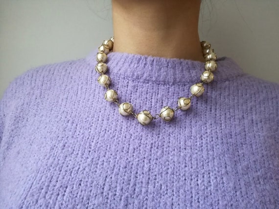 Vintage pearl necklace, white faux pearls with brass wire necklace, modern pearl choker, retro style wire wrapped pearls, faux pearls choker