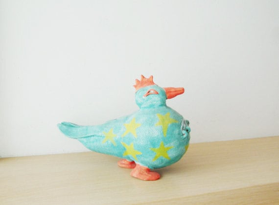 Vintage ceramic duck, quirky duck sculpture, vintage Greek pottery duck in green, orange, lime, early nineties