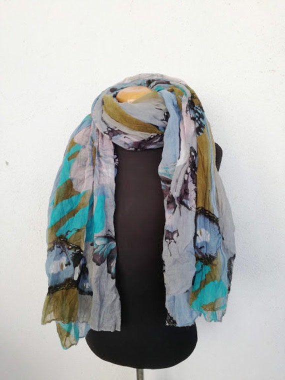 Colourful butterflies scarf, long wrinkly scarf with butterflies print in green, blue, grey, dusty pink, viscose  butterflies shawl