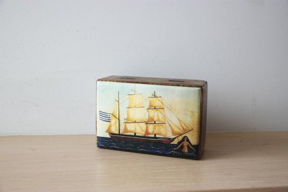 Boat and mermaid box, wooden box with boat decoupage, Greek folk art box with old boat and mermaid illustration