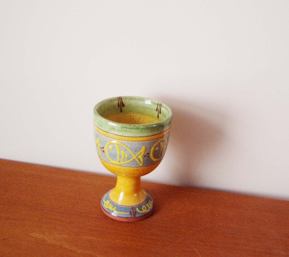 Vintage ceramic goblet, Greek earthenware ceramic goblet, glazed in bright yellow, decorated  with coloured slip, early nineties