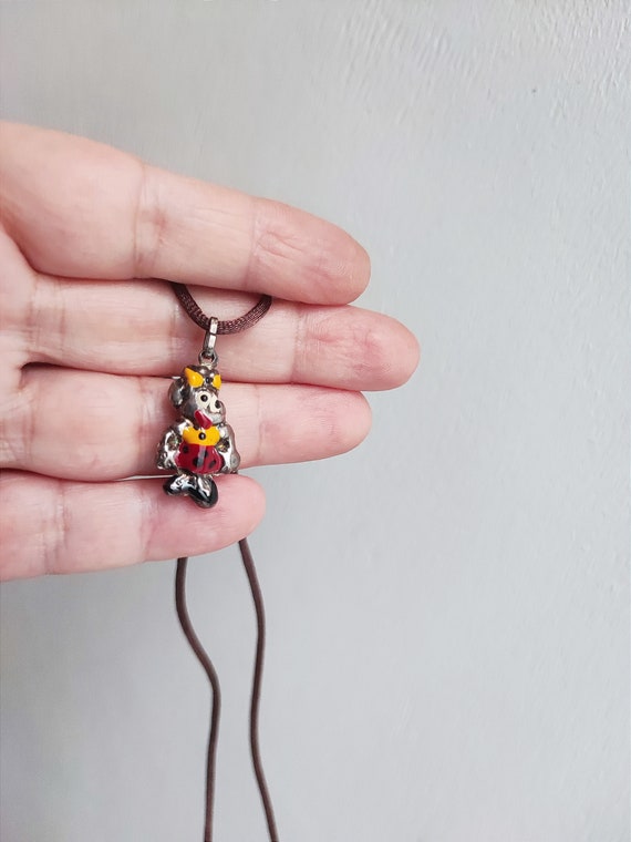 Minnie mouse charm necklace, vintage Minnie mouse pendant of sterling silver and enamel on cinnamon brown, satin cord, girl necklace