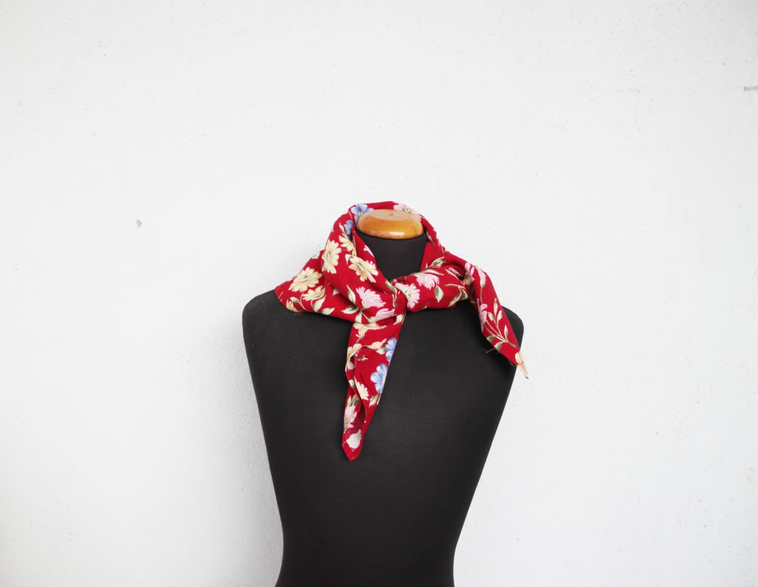 Vintage red scarf, square viscose scarf, flowers cotton viscose scarf