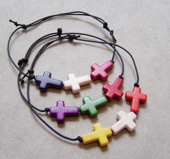 Colourful cross bracelets, sideways cross bracelets, howlite and black cord, adjustable bracelets, friendship cross bracelets, set of three