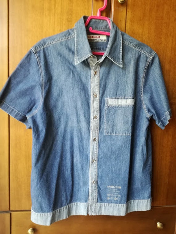 Denim, short sleeved shirt, mens vintage denim shirt, two tone denim shirt with metal buttons, late eighties