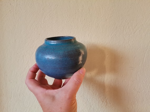 Blue bud vase, vintage, ceramic blue vase, small vase of black, stoneware clay, Greek pottery vase