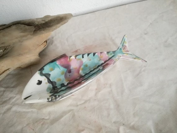 Vintage decorative fish, ceramic fish plate, blue pink ceramic fish wall hanging, earthenware fish sculpture, Greek fish art object