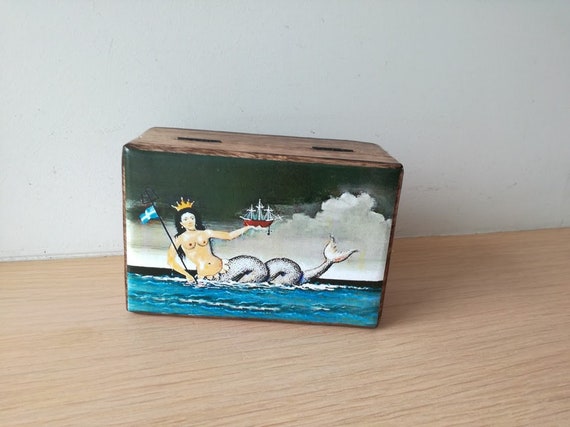 Mermaid wooden box with Greek mermaid decoupage, vintage gift box with folk art mermaid, holding ship and Greek flag, jewlery vanity box