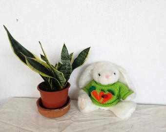 Vintage stuffed bunny, plush bunny toy, vintage white bunny with lime, knitted sweater, white plush toy, smooth plush bunny, mid nineties