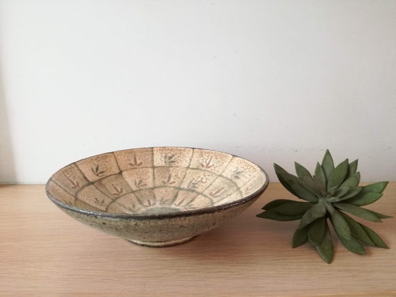 Vintage ceramic bowl, beige brown ceramic dish, stoneware clay ovenproof, serving open bowl, Greek pottery rustic plate, late nineties