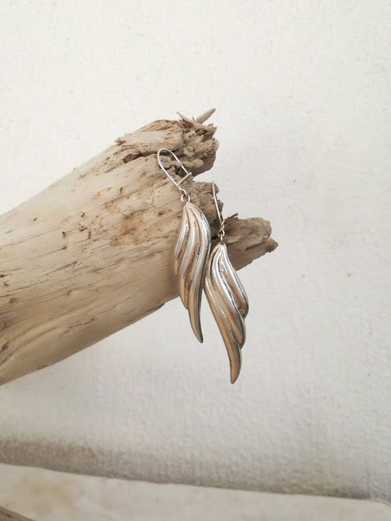 Angel wing earrings, vintage drop earrings of angel wings, sterling silver angel wings on sterling hooks, boho wings earrings, mid eighties