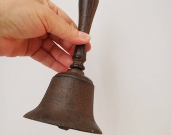 Vintage brass bell, oxidised brass bell with a handle and clapper, solid brass, retro metal bell with long handle, mid eighties