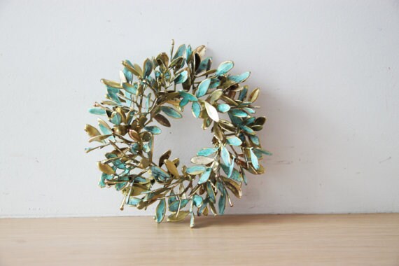 Mastic tree wreath, Greek schinus mini wreath, electroplated mastic tree wreath, brass-copper patina mastic tree wreath, gold green wreath