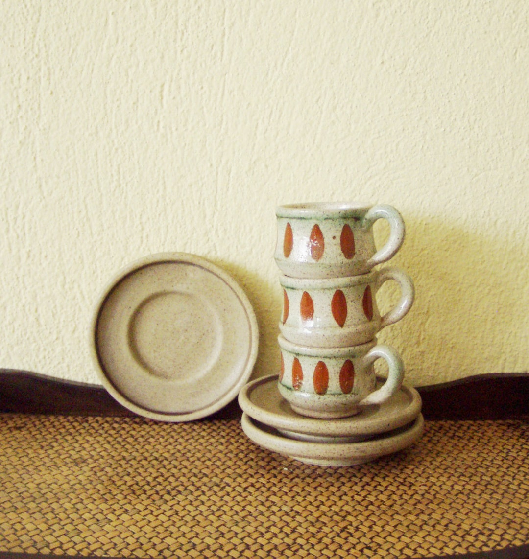 Vintage Ceramic Coffee Cups, Rustic, Ceramic Greek Coffee Cups, Set of