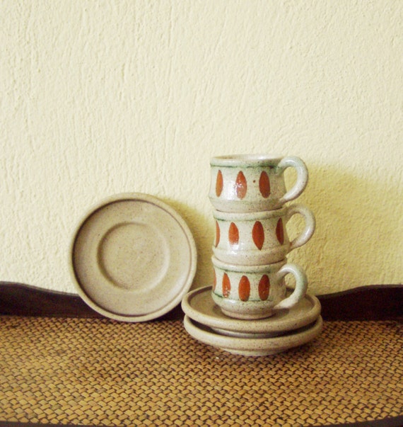 Vintage ceramic coffee cups, rustic, ceramic Greek coffee cups, set of three, mid seventies