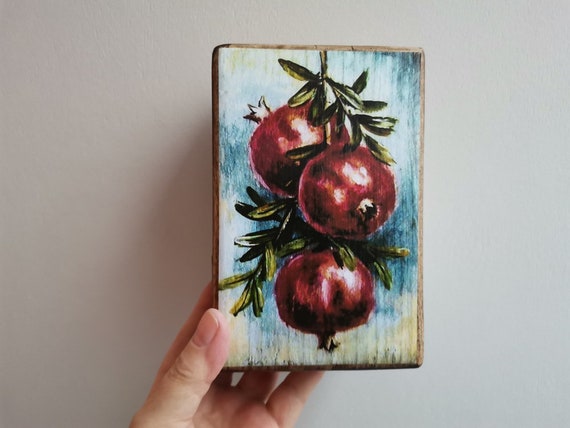 Festive wooden box with pomegranates branch, vintage wooden gift box for jewlery, etc. with pomegranates decoupage on the cover