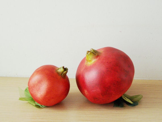 Red ceramic pomergranate, life size pomegranate,  green leaves, green organza ribbon, hand painted pomegranate gift, fall fruit decor