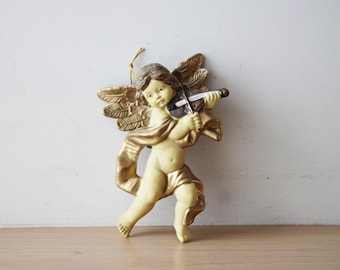 Vintage angel ornament with violin, plastic angel-cherub in beige, gold and brown, vintage cherub figurine with violin, late eighties