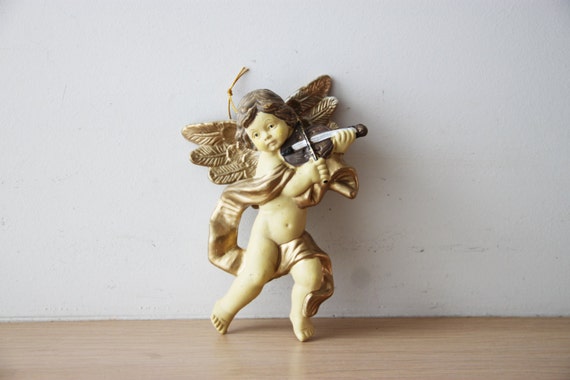 Vintage angel ornament with violin, plastic angel-cherub in beige, gold and brown, vintage cherub figurine with violin, late eighties