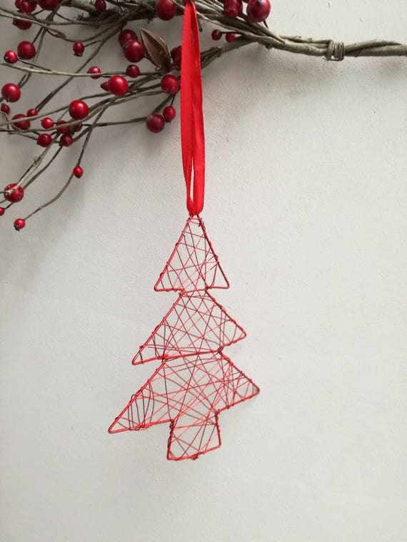 Vintage tree ornament, red wire tree ornament, red wire fir tree on red ribbon, Xmas tree ornament, vintage Xmas tree decor, mid eighties