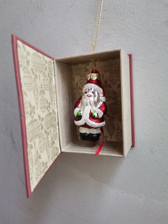 Santa Claus ornament, vintage Santa figurine ornament in a box, tiny Santa Claus ornament with gold cord in vintage box with xmas decor