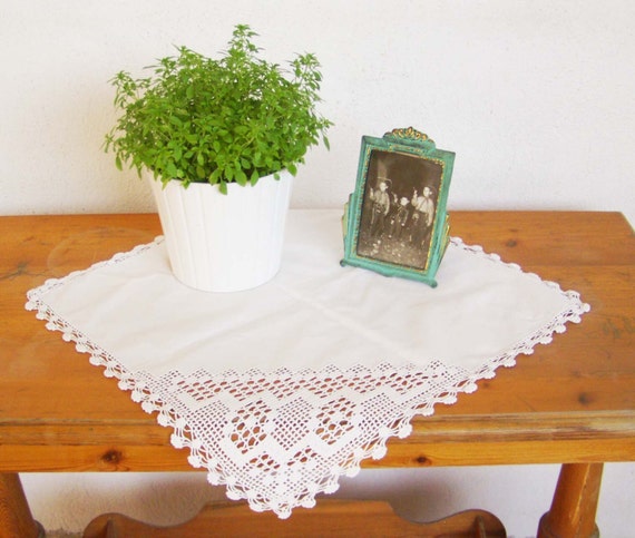 Vintage crochet runner, square, white runner with crocheted border and one crocheted corner, Greek linens collection, early seventies