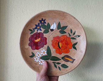 Traditional ceramic plate, decorative wall plate of red, earthenware clay, vintage, terracotta wall plate with flowers decor, Greek pottery