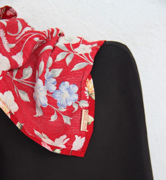 Vintage red scarf, square viscose scarf, flowers … - image 3