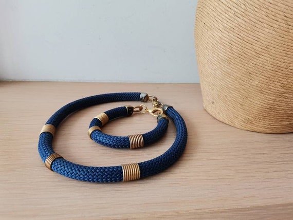 Blue cord choker and cuff, vintage blue choker and bracelet set with bronze details