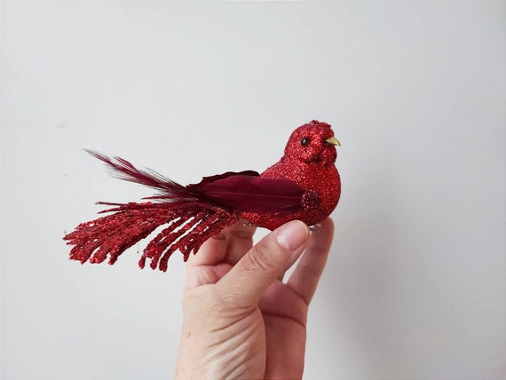 Red bird ornament, red bird figure with long tail and sequined body, vintage sparkling ornament