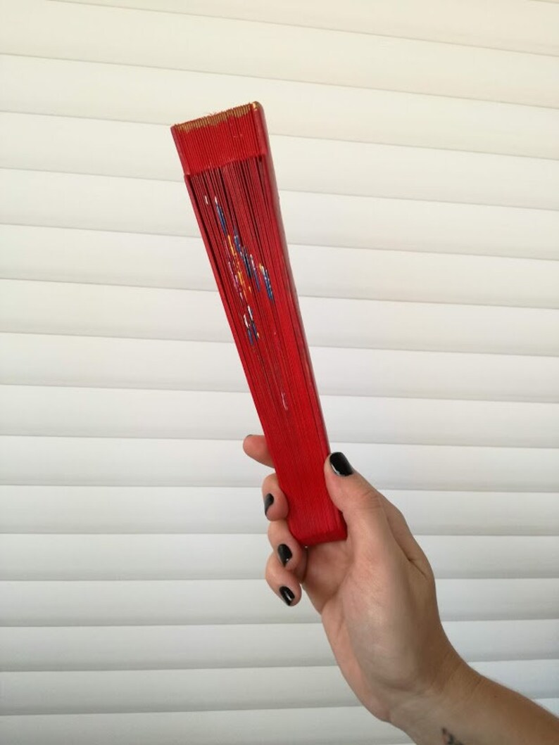 bright red hand held fan oriental Chinese wooden fan bamboo laquered fan in red with handpainted flowers Vintage folding fan