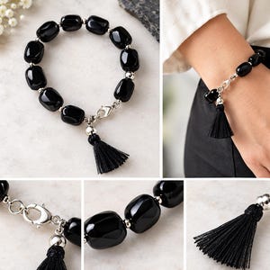 Pu&ograve; includere: Un bracciale con perline ovali nere lucide separate da piccole sfere di metallo argentato. Il bracciale include una chiusura a moschettone argentata e una nappa di filo nero appesa a una perlina argentata.