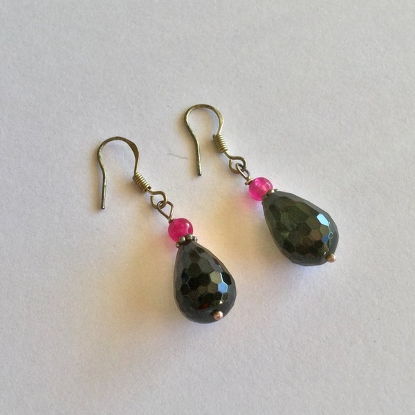 pink and black dangle earrings onyx, pink agate, sterling silver teardrops