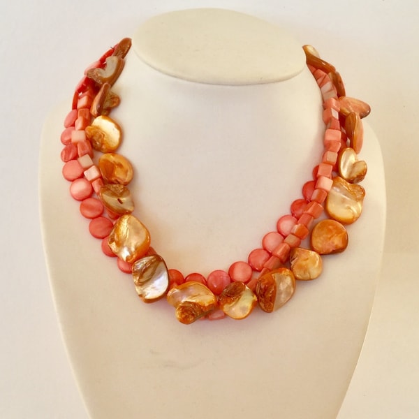 mother of pearl necklace coral red orange beads sterling silver