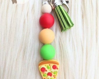 Beaded pizza keychain, beaded keychain silicone, beaded keychain for women