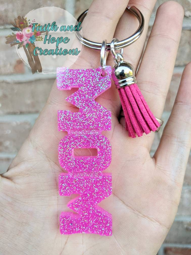 Pink MOM Glitter Keychain - Etsy