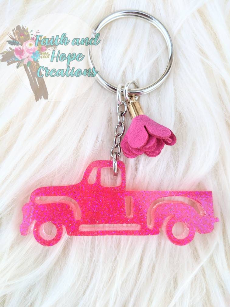 Pink Vintage Truck Glitter Keychain - Etsy